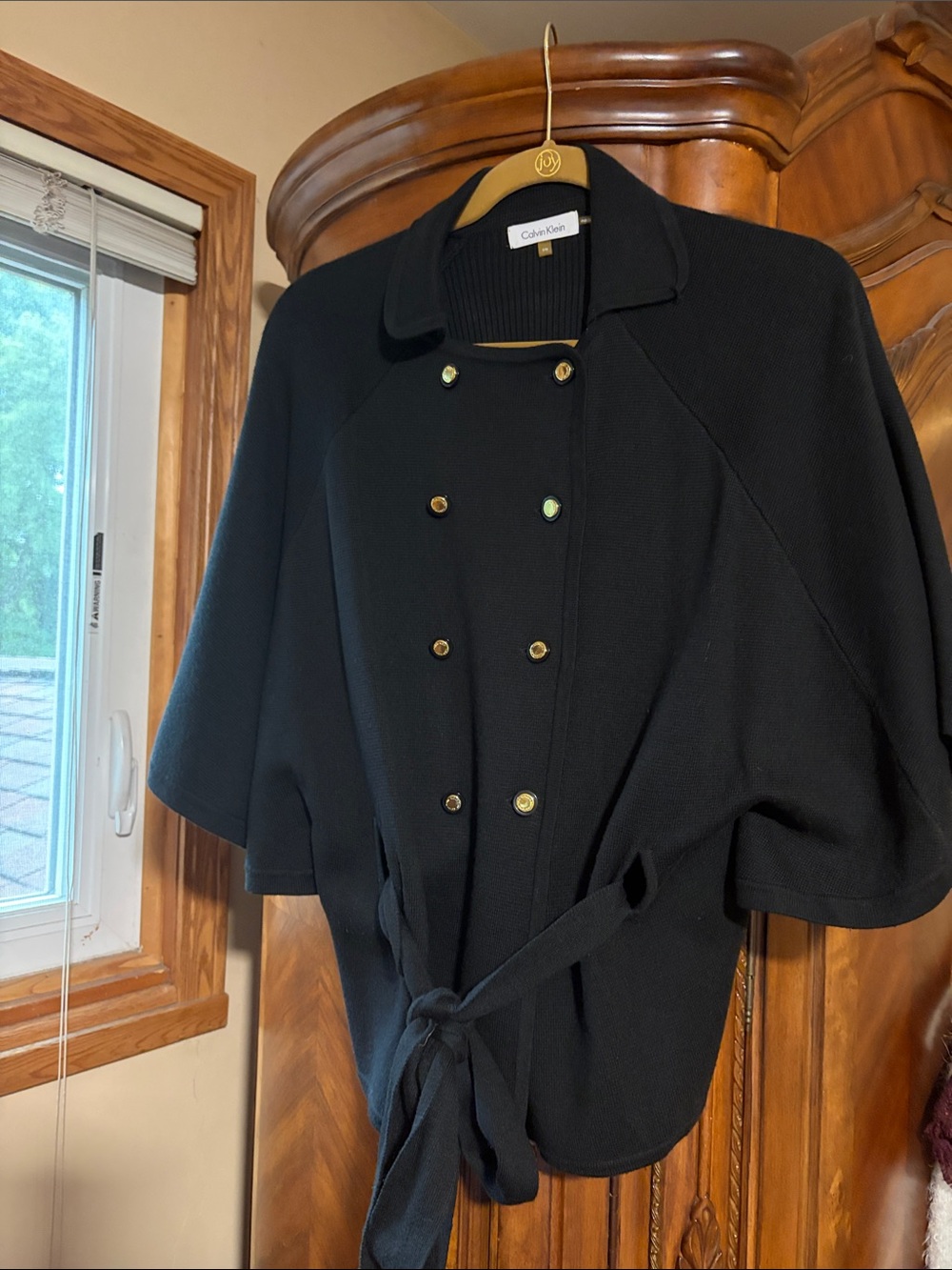 Calvin Klein Black Double-Breasted Belted Cape Jacket